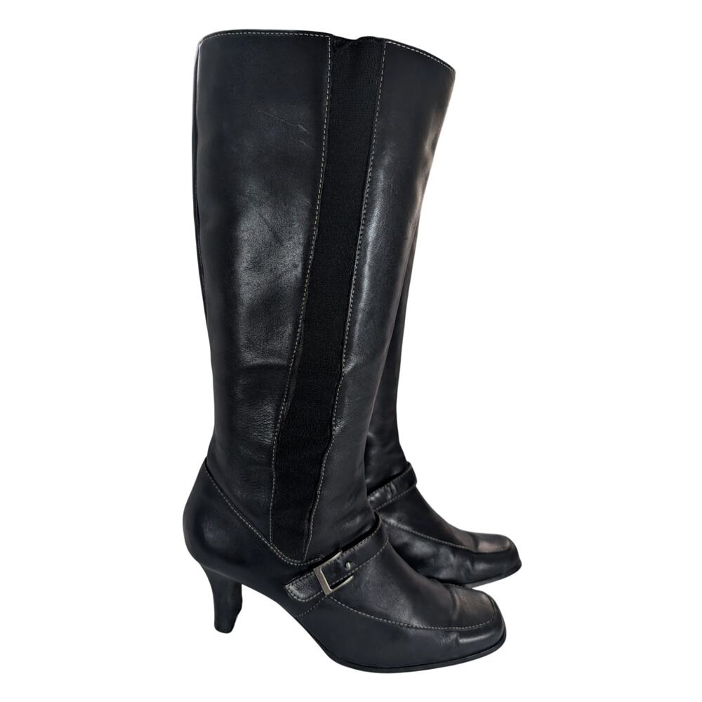 WORTHINGTON! BLACK GENUINE LEATHER, CREAM CONTRAST STITCHED ZIPPER BOOTS! SZ 8M